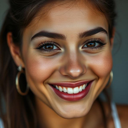 Close up portrait of a smiling young woman with beautiful make-upの素材