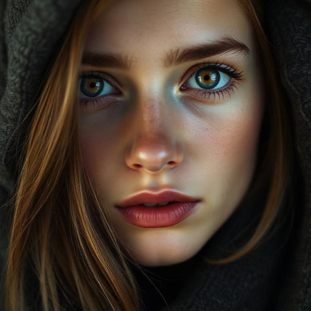 Close-up portrait of a beautiful young woman with green eyes.の素材