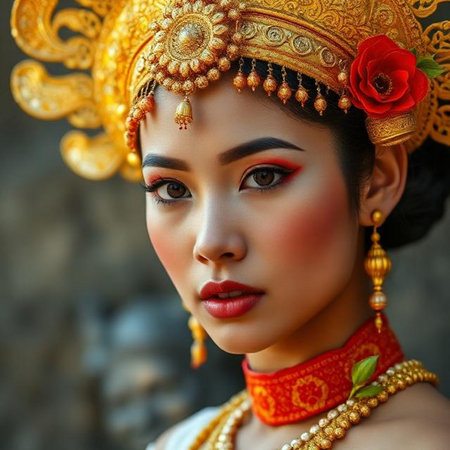 Portrait of beautiful asian woman in traditional costume, close upの素材