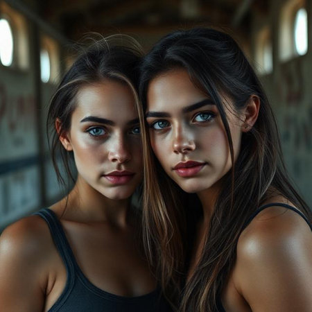 Portrait of two beautiful young women in the corridor of an abandoned buildingの素材