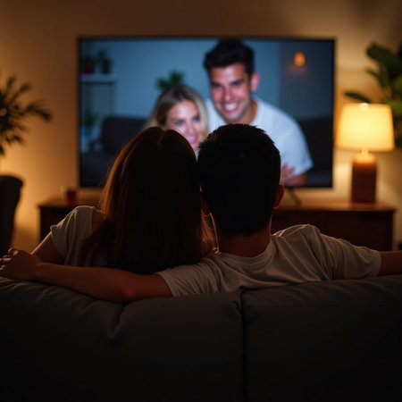 Young couple watching tv at home in the evening. Focus on manの素材