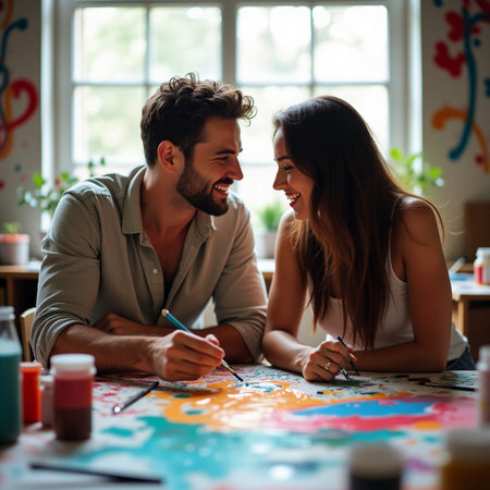 Cheerful young couple sitting at the table and painting together.の素材