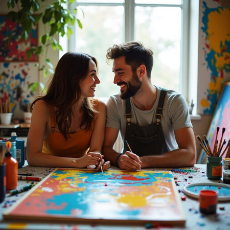 Portrait of a smiling young couple painting on canvas in art studioの素材