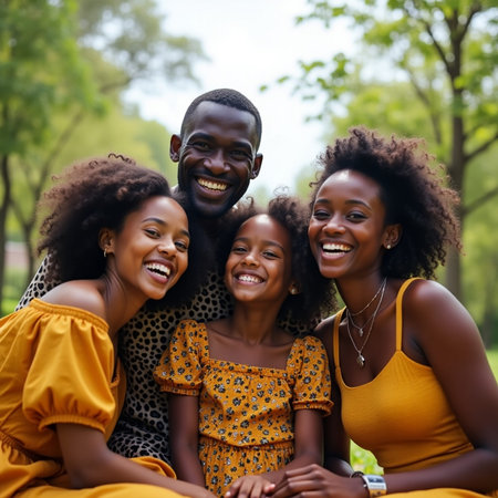 Happy african american family spending time together in the park.の素材