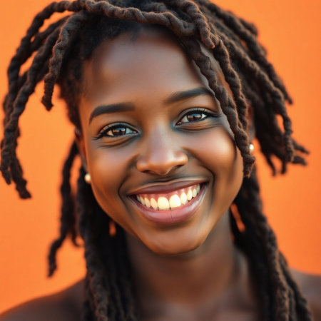 Beautiful african american woman with dreadlocks on orange backgroundの素材