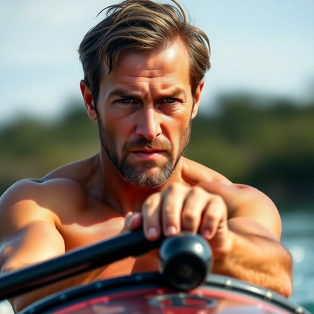 Close up portrait of a handsome young man driving a motor boat.の素材