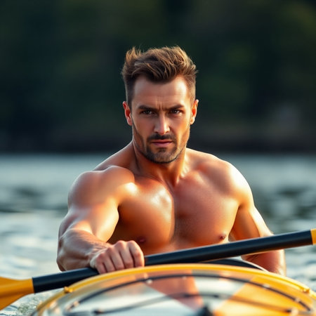 Handsome shirtless young man kayaking on a lake.の素材