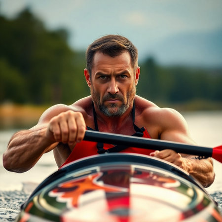 Mature man kayaking on the lake. Sport and recreation.の素材