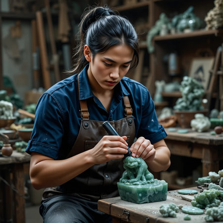 Portrait of a young Asian woman working in a pottery workshopの素材