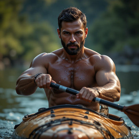 Portrait of a shirtless muscular man kayaking on the riverの素材