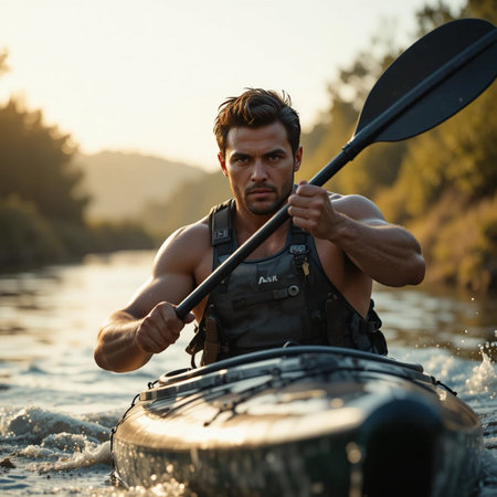 Handsome man kayaking on the river at sunset. Active lifestyle.の素材