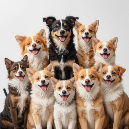 Group of dogs on a white background. Border Collie, Welsh Corgi and Pembrokeの素材
