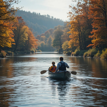 Back view of father and son kayaking on lake in autumn forest.の素材