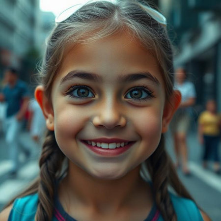 Close up portrait of a smiling little girl with pigtails in the cityの素材