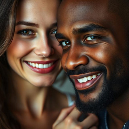 Close up portrait of happy young interracial couple looking at camera.の素材