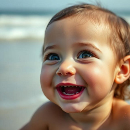 Portrait of a happy baby boy on the beach. Shallow depth of field.の素材