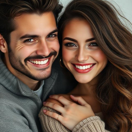 Portrait of a happy young couple in love smiling at camera.の素材