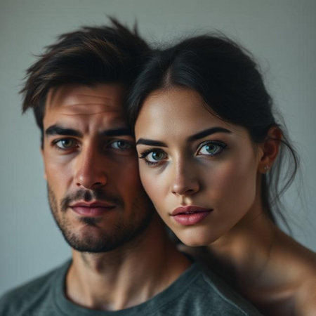Portrait of a beautiful young couple looking at camera on gray backgroundの素材