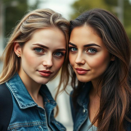 Two young women in jeans clothes outdoor. Close-up portrait.の素材