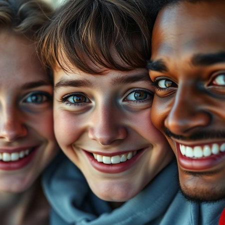 Close-up portrait of a group of friends smiling at the cameraの素材
