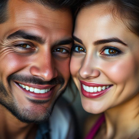 Close up portrait of a happy young couple looking at camera and smilingの素材