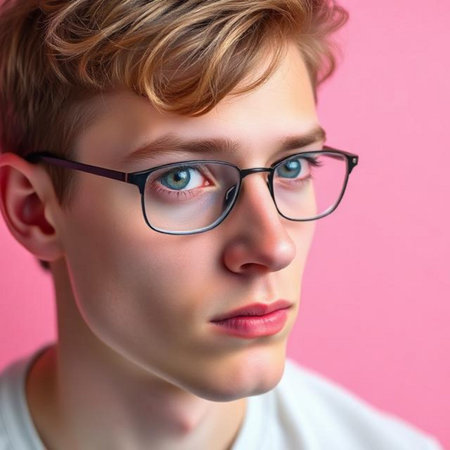 Portrait of a handsome young man in glasses on a pink backgroundの素材