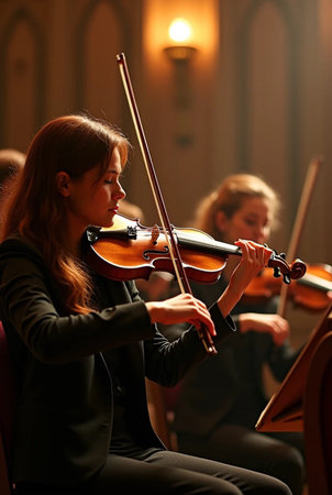 Female violinist playing on the violin in a classical music hall.の素材