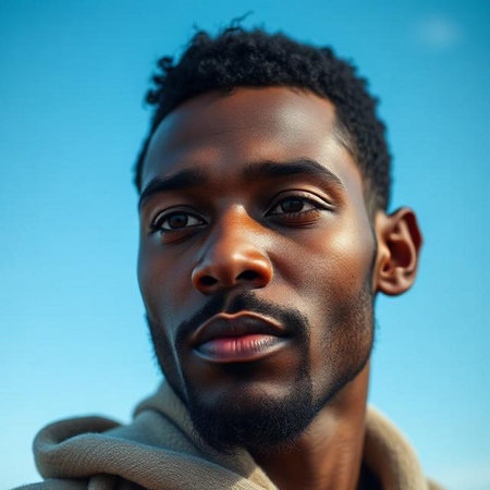 Portrait of young african american man against blue sky.の素材