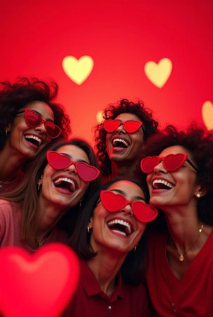 Group of happy multiethnic women with heart shaped glasses against red backgroundの素材