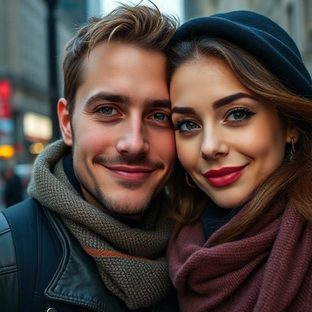 Close up portrait of a beautiful young couple in love on the streetの素材