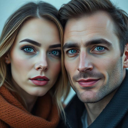 Close up portrait of beautiful young couple in love. Man and woman looking at camera.の素材