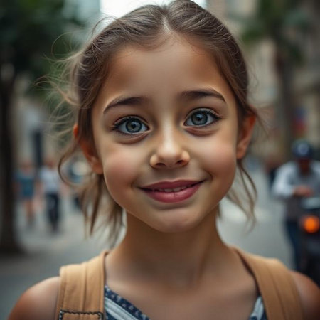 Portrait of a beautiful little girl with blue eyes in the cityの素材