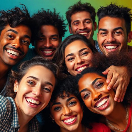 Group of happy young multiethnic people looking at camera and smilingの素材