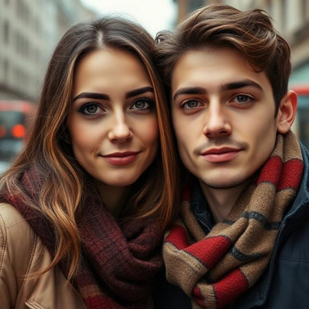 Close up portrait of beautiful young couple in love posing on the streetの素材