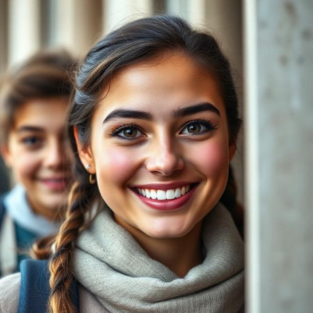Close up portrait of smiling young woman with two friends in the backgroundの素材