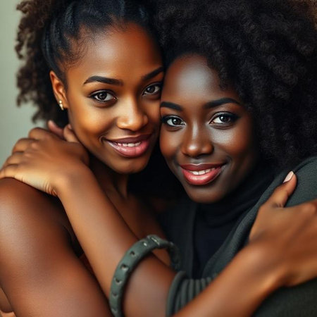 two african american women close up hugging, lifestyle people conceptの素材