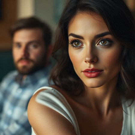 Portrait of beautiful young woman with makeup and hairstyle, man in the backgroundの素材