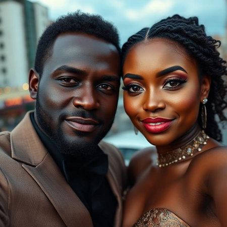young pretty african american woman and man in fashion dress on city background, lifestyle people concept close upの素材