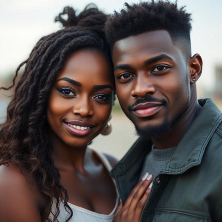 Close up portrait of a happy african american couple embracing outdoorsの素材