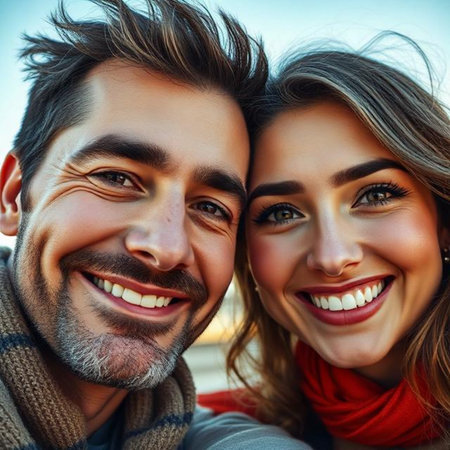 Portrait of happy smiling couple in warm clothes hugging each other.の素材