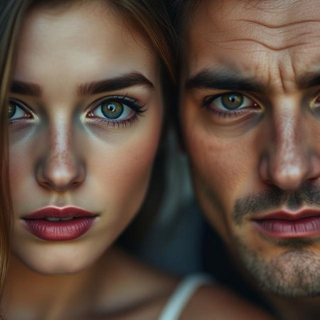 Close-up portrait of a beautiful young couple in love looking at cameraの素材