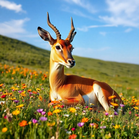 Impala on the meadow with flowers. Animal in nature.の素材