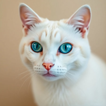Portrait of a white cat with blue eyes on a beige backgroundの素材
