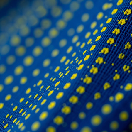 Close up of blue fabric with yellow dots. Selective focus.の素材