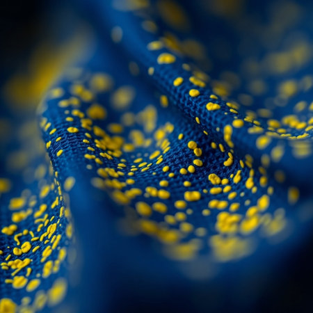 Close-up of a blue fabric with yellow dots. Macro photography.の素材