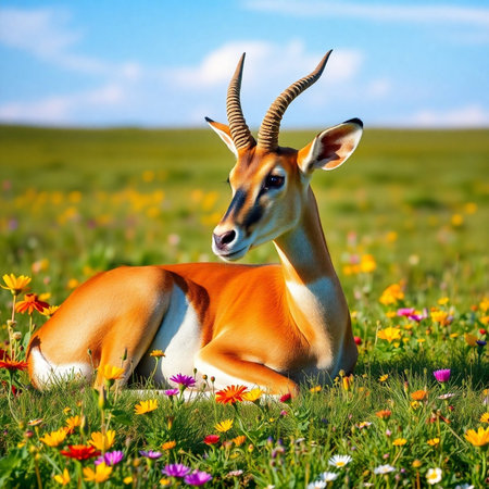 Beautiful antelope in the meadow with flowers. Spring season.の素材