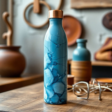 Blue glass bottle on wooden table in pottery workshop, closeupの素材