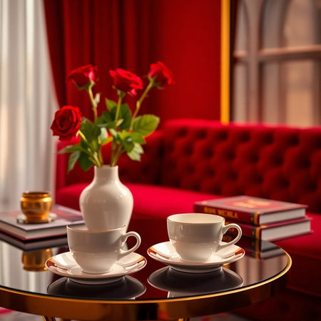 Two cups of coffee and a bouquet of red roses on the table.の素材