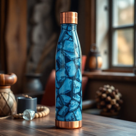 Blue glass bottle with a pattern on the background of the window.の素材
