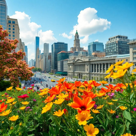 Cityscape of Chicago downtown with blooming flower beds and skyscrapersの素材